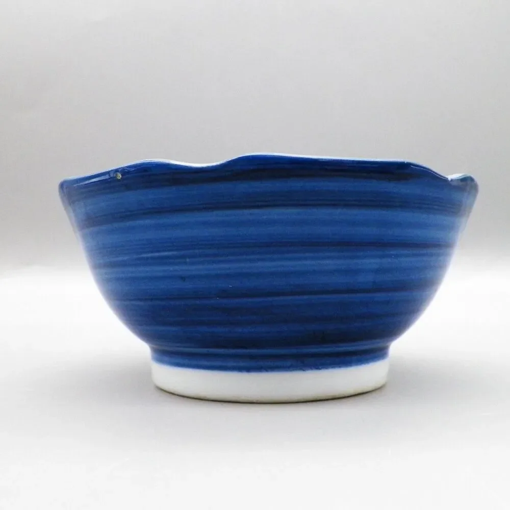 Japanese Ceramic Kobachi Rice Bowl Blue Brushstroke Design Scalloped Rim & Spoon
